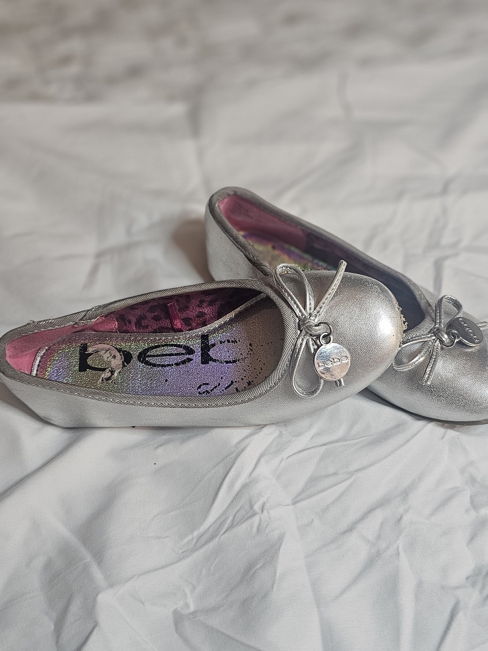 Girls' Silver Ballet Flats with Bow Charm
